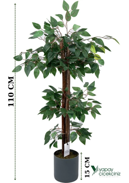 Çim Detaylı Gri Saksıda 3 Katlı Yapay Benjamin Ağacı